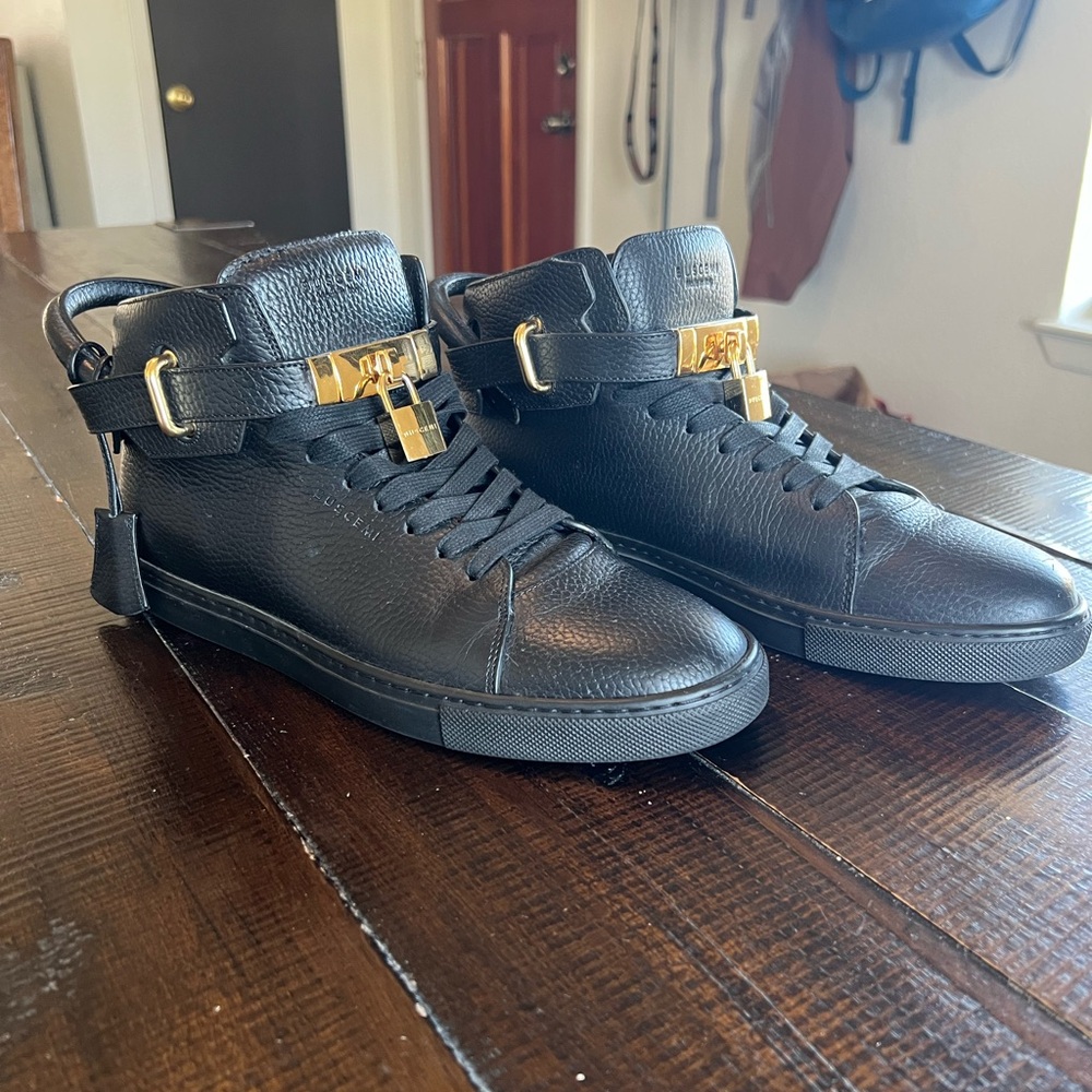 Buscemi Black Leather High-Tops with Gold Accents
